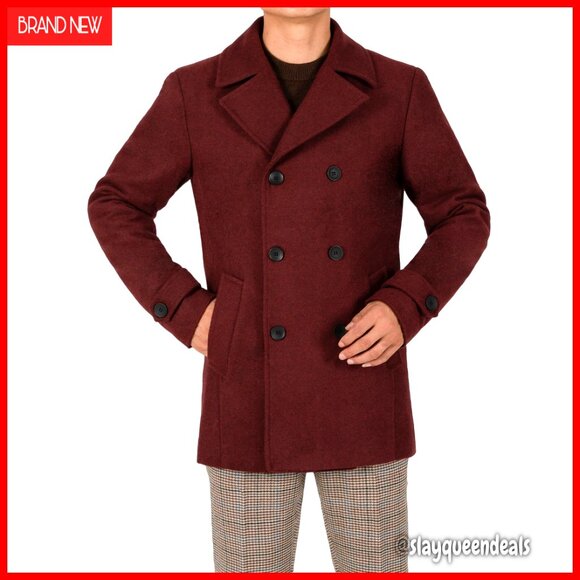 Men's Wool Blend Quilted Lined Double Breasted Pea Coat Winter Overcoat
